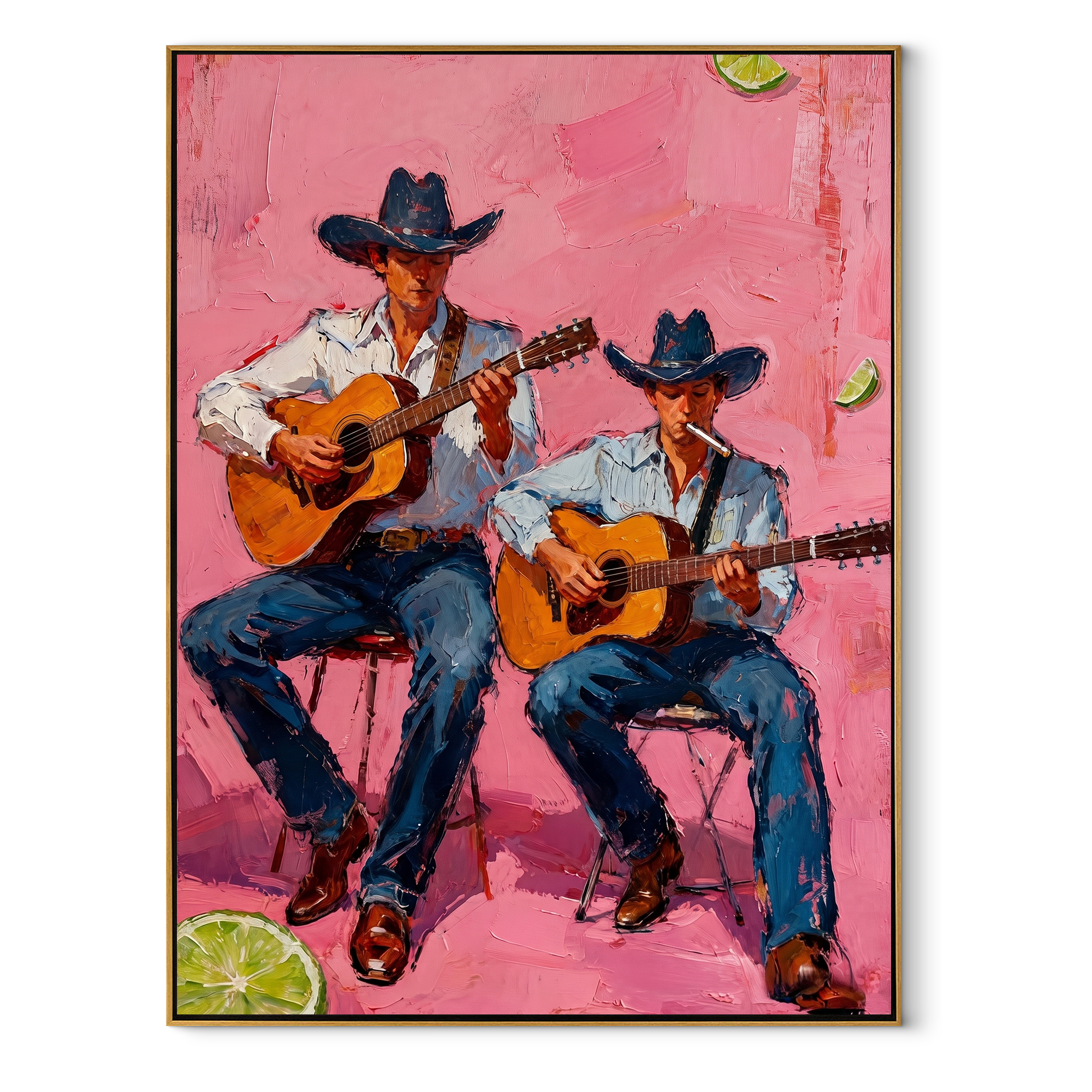 Two Guitars Warm Pink - cowboy guitar duet painting by Savannah Reed, modern folk art vertical wall art – wood frame on white background