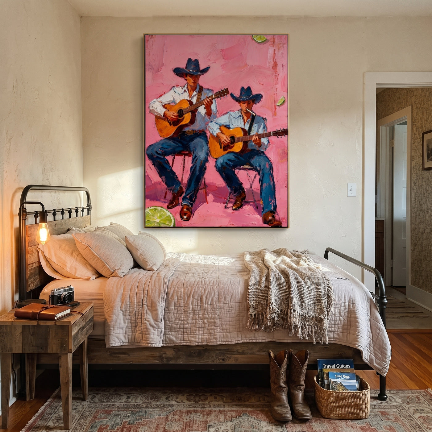 Two Guitars Warm Pink - cowboy guitar duet painting by Savannah Reed, modern folk art vertical wall art – styled room scene view 3