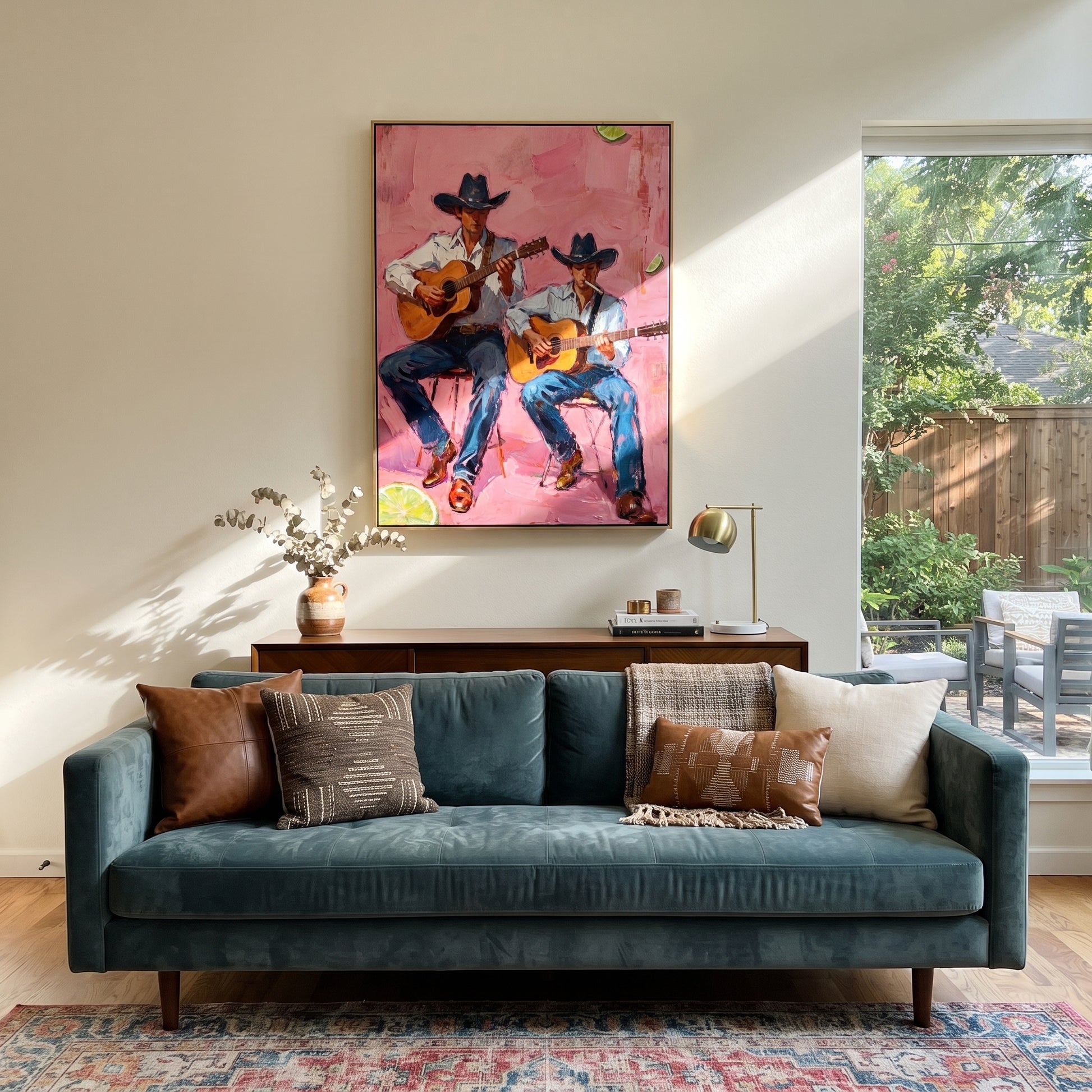Two Guitars Warm Pink - cowboy guitar duet painting by Savannah Reed, modern folk art vertical wall art – styled room scene view 5