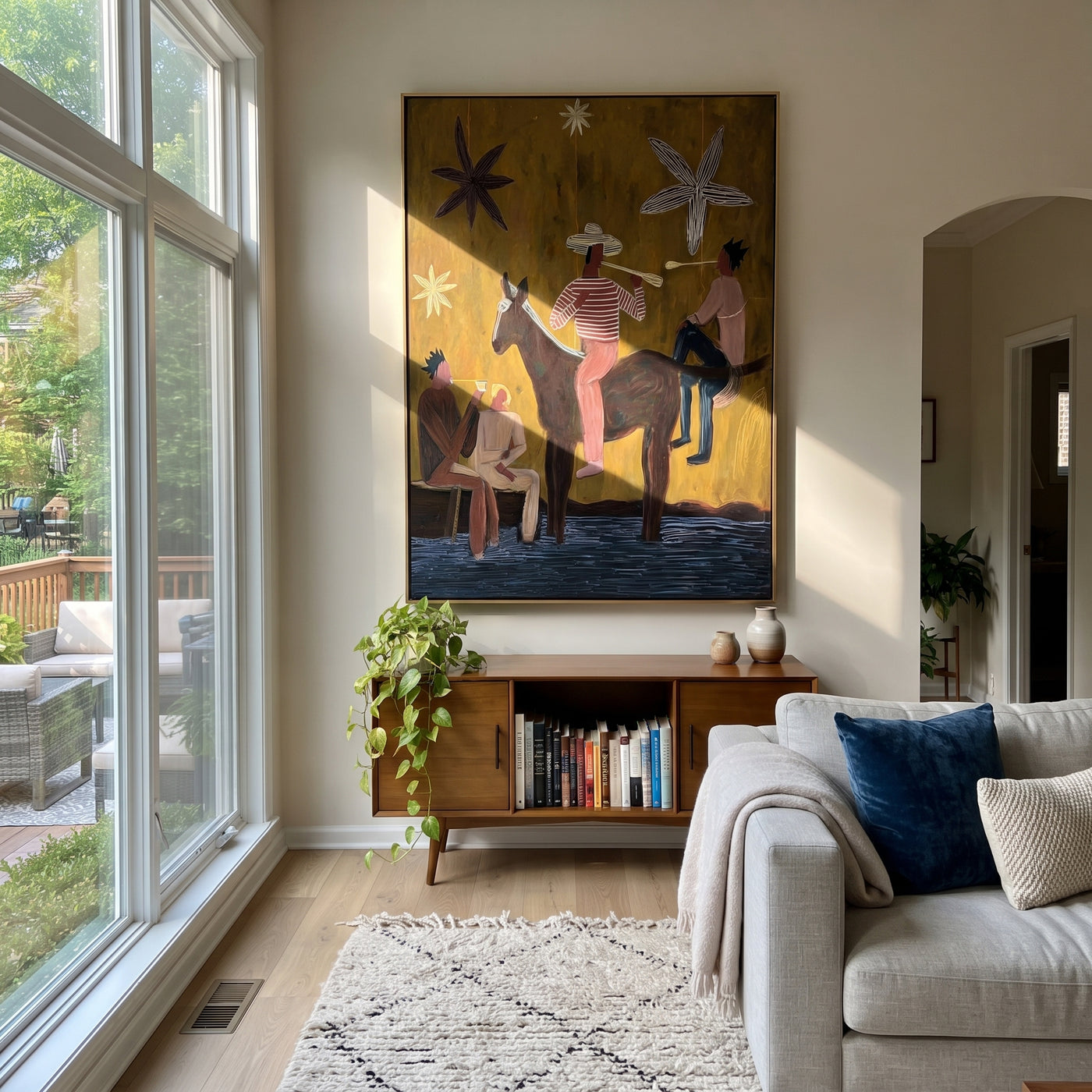 Four Figures Share Starlight - western horse gathering painting by Savannah Reed, modern folk art vertical wall art – styled room scene view 1