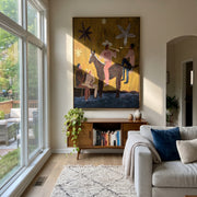 Four Figures Share Starlight - western horse gathering painting by Savannah Reed, modern folk art vertical wall art – styled room scene view 1