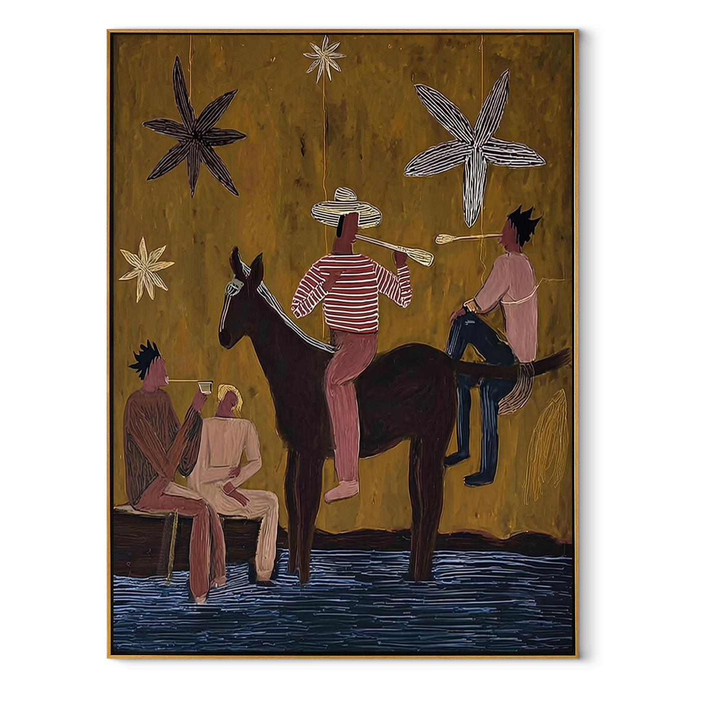 Four Figures Share Starlight - western horse gathering painting by Savannah Reed, modern folk art vertical wall art – wood frame on white background