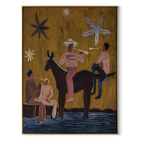 Four Figures Share Starlight - western horse gathering painting by Savannah Reed, modern folk art vertical wall art – wood frame on white background