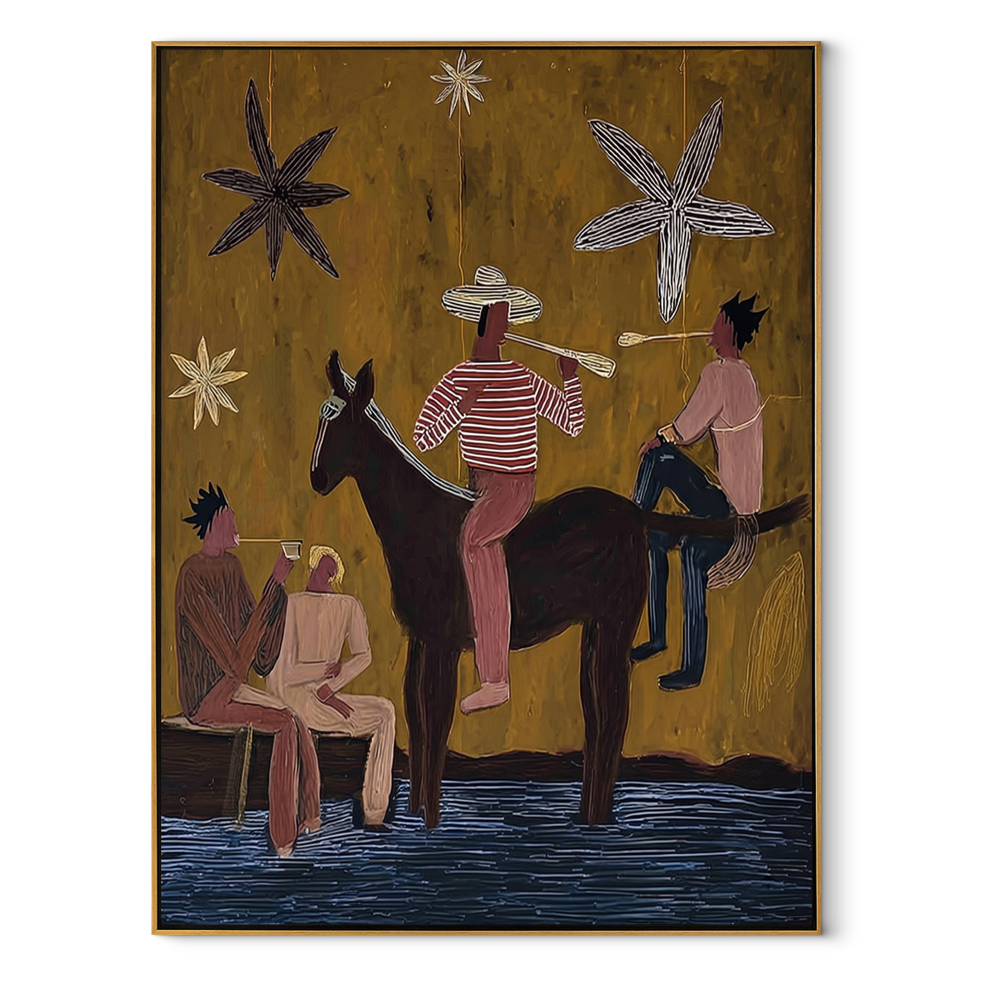 Four Figures Share Starlight - western horse gathering painting by Savannah Reed, modern folk art vertical wall art – wood frame on white background