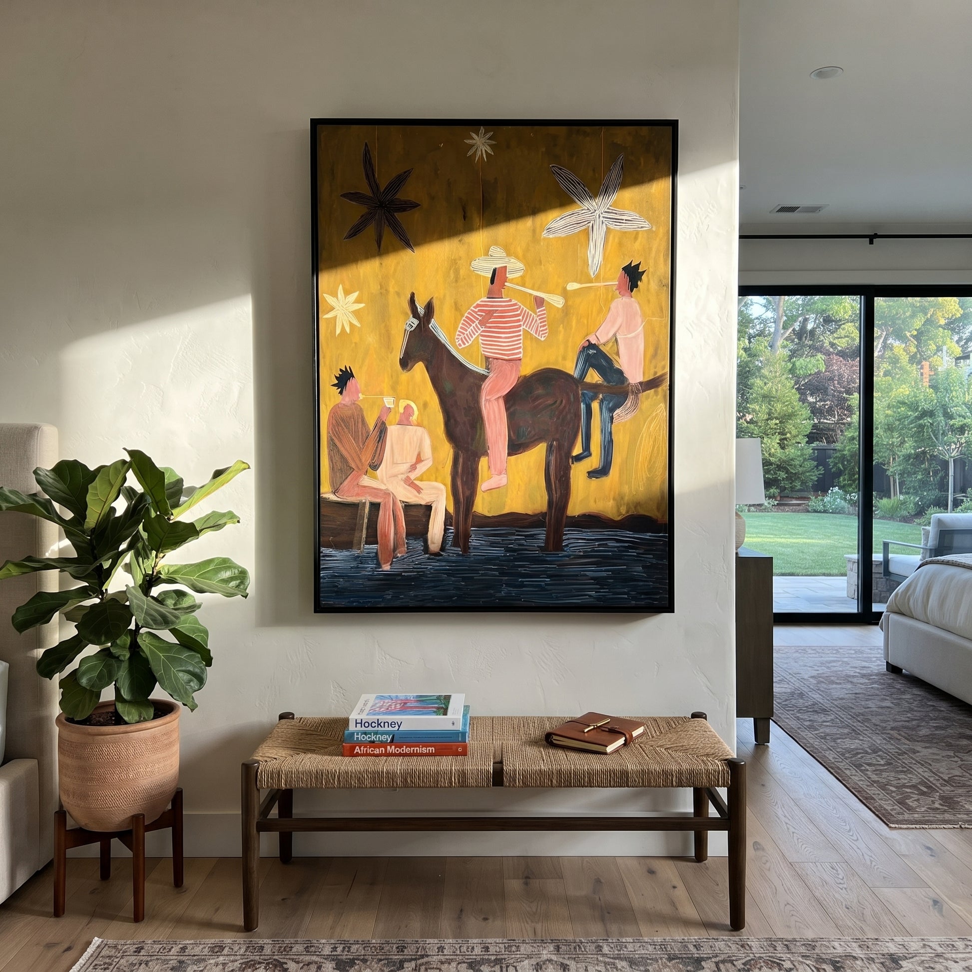 Four Figures Share Starlight - western horse gathering painting by Savannah Reed, modern folk art vertical wall art – styled room scene view 2