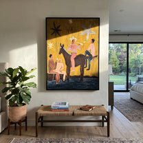 Four Figures Share Starlight - western horse gathering painting by Savannah Reed, modern folk art vertical wall art – styled room scene view 2
