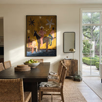 Four Figures Share Starlight - western horse gathering painting by Savannah Reed, modern folk art vertical wall art – styled room scene view 3