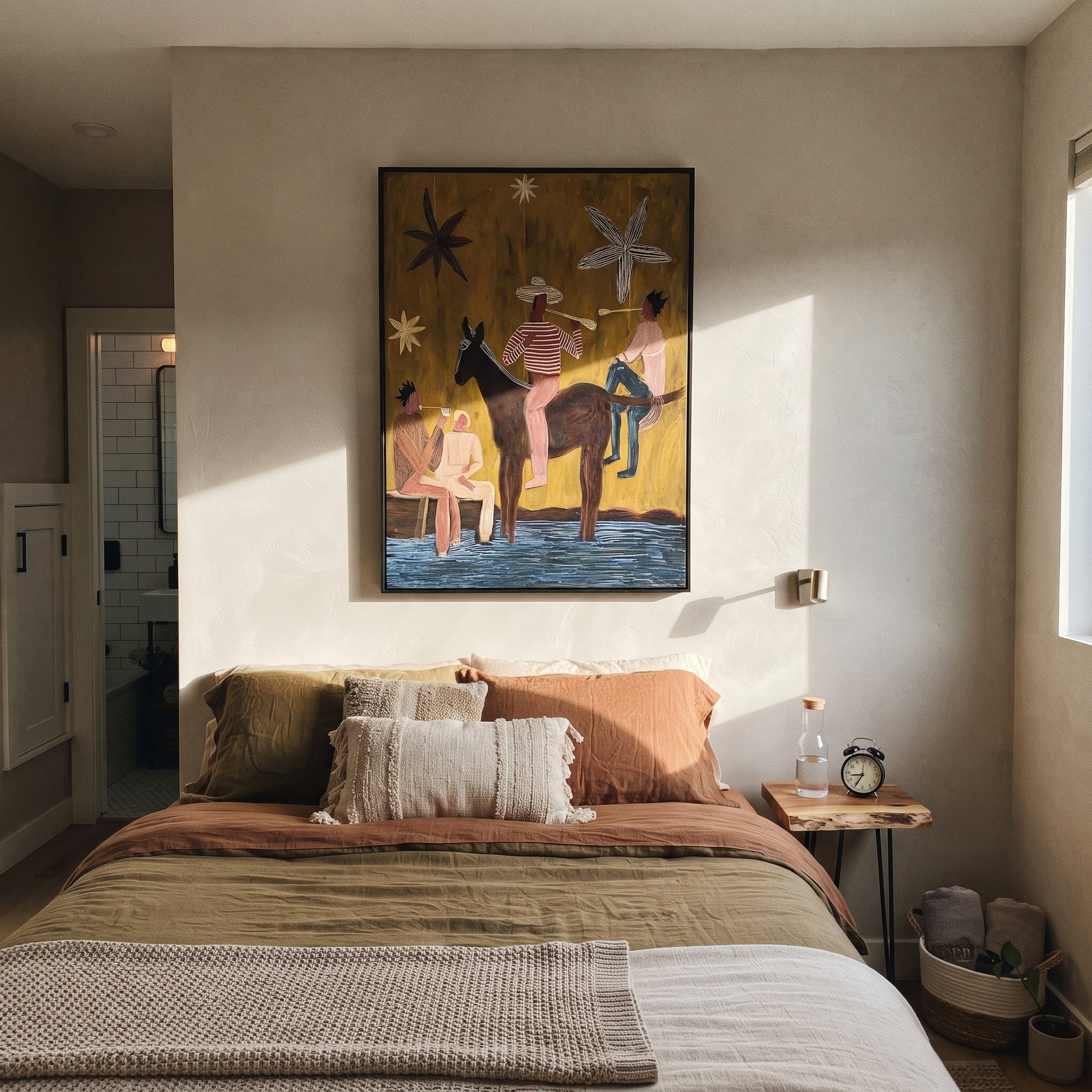 Four Figures Share Starlight - western horse gathering painting by Savannah Reed, modern folk art vertical wall art – styled room scene view 4