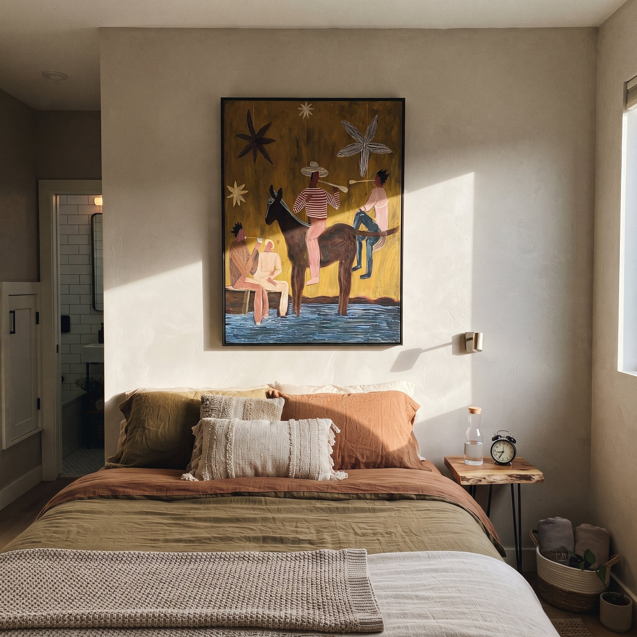 Four Figures Share Starlight - western horse gathering painting by Savannah Reed, modern folk art vertical wall art – styled room scene view 4