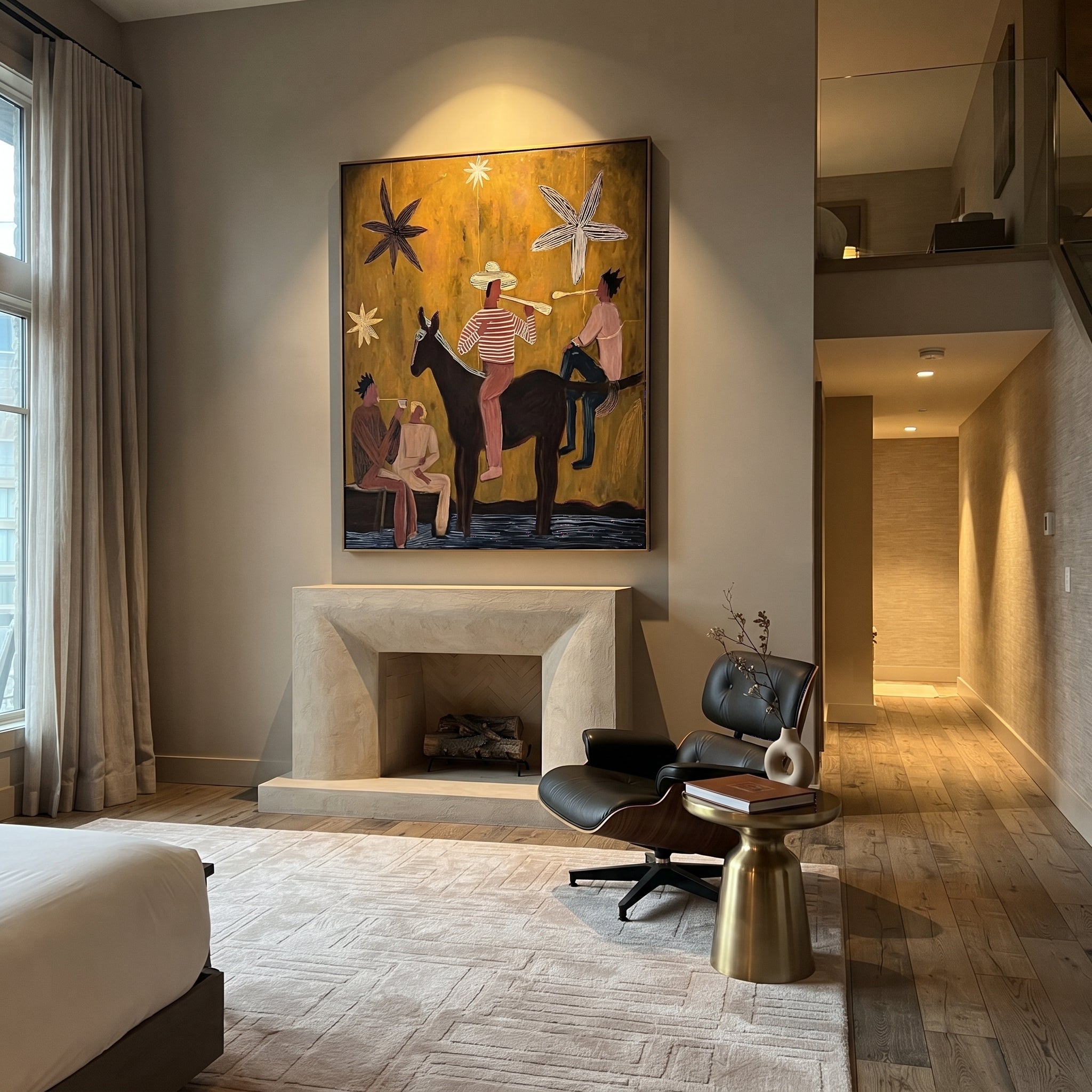 Four Figures Share Starlight - western horse gathering painting by Savannah Reed, modern folk art vertical wall art – styled room scene view 5