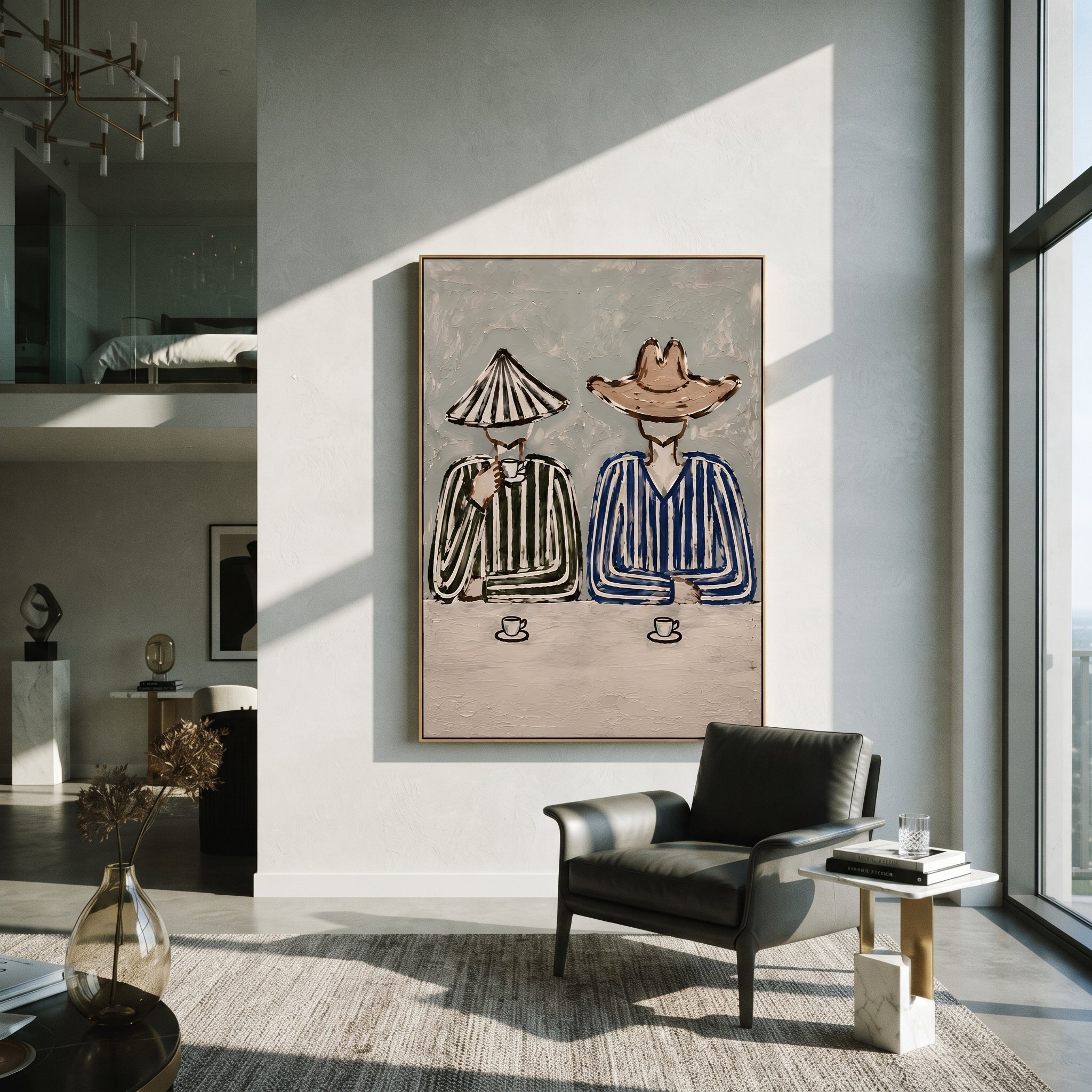 Two Cups Hold Stripes - striped cowboy coffee painting by Savannah Reed, modern folk art vertical wall art – styled room scene view 1