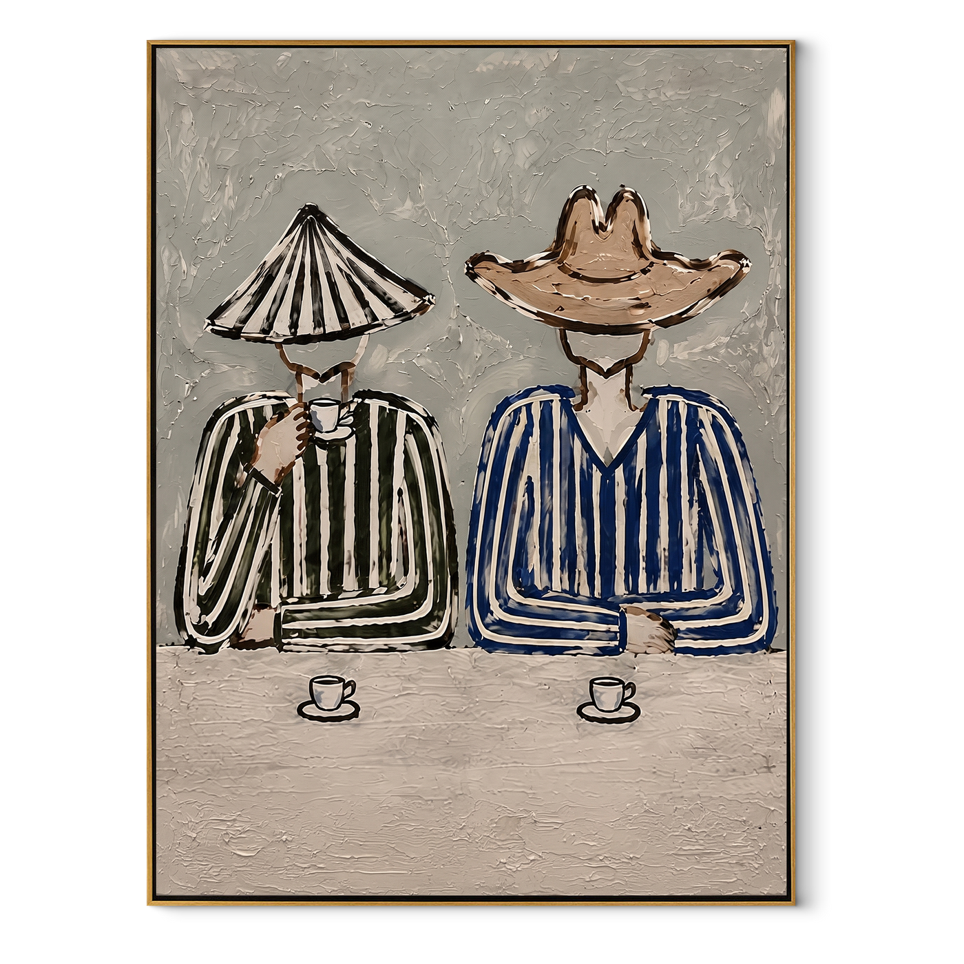 Two Cups Hold Stripes - striped cowboy coffee painting by Savannah Reed, modern folk art vertical wall art – wood frame on white background