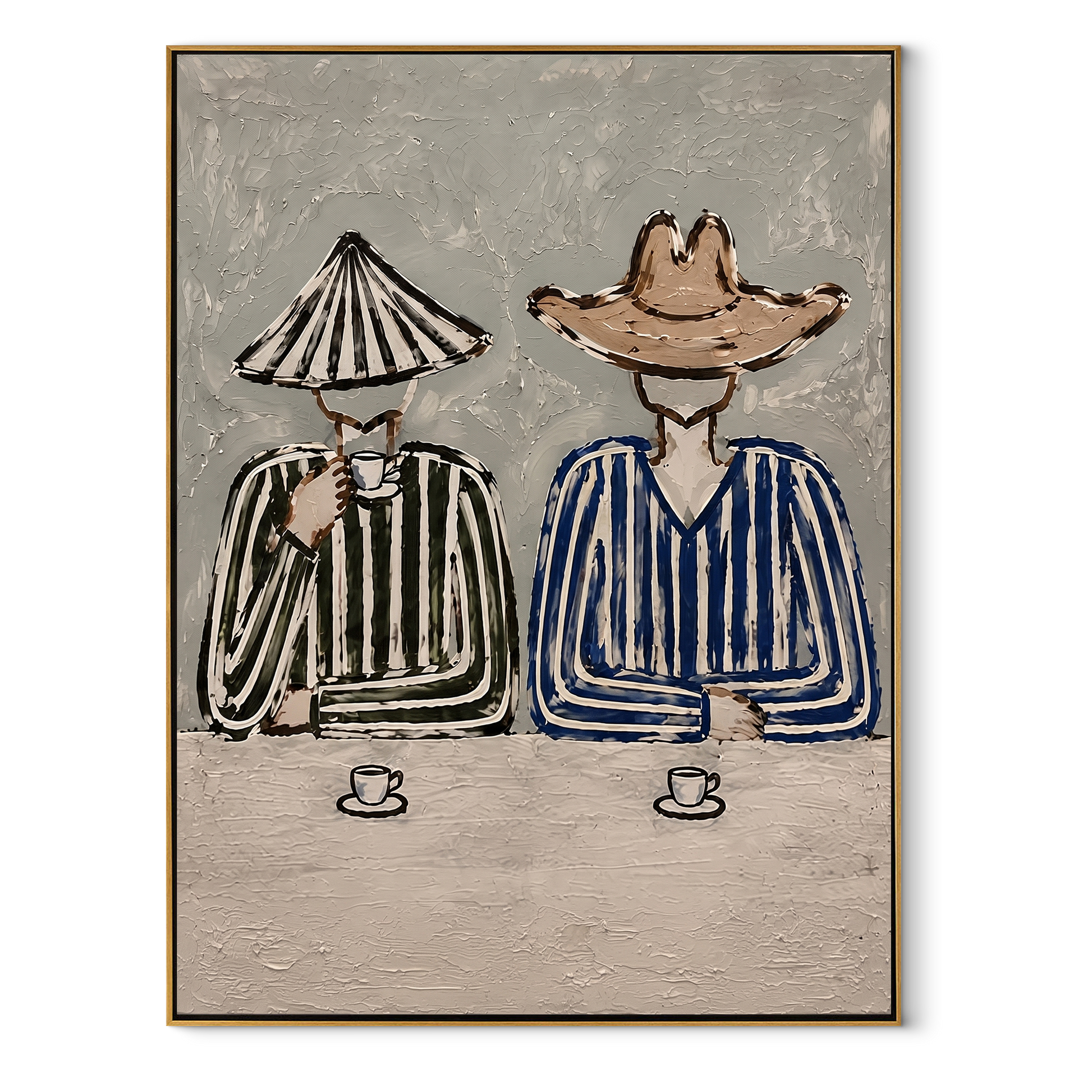 Two Cups Hold Stripes - striped cowboy coffee painting by Savannah Reed, modern folk art vertical wall art – wood frame on white background