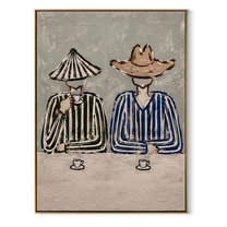 Two Cups Hold Stripes - striped cowboy coffee painting by Savannah Reed, modern folk art vertical wall art – wood frame on white background