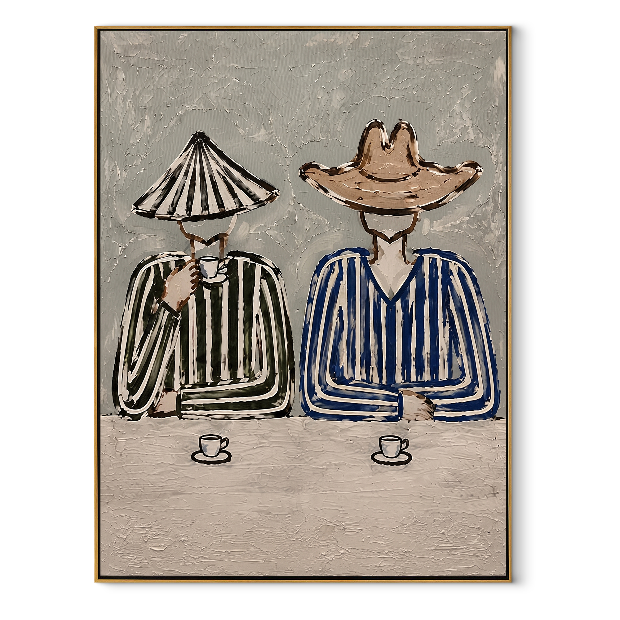 Two Cups Hold Stripes - striped cowboy coffee painting by Savannah Reed, modern folk art vertical wall art – wood frame on white background