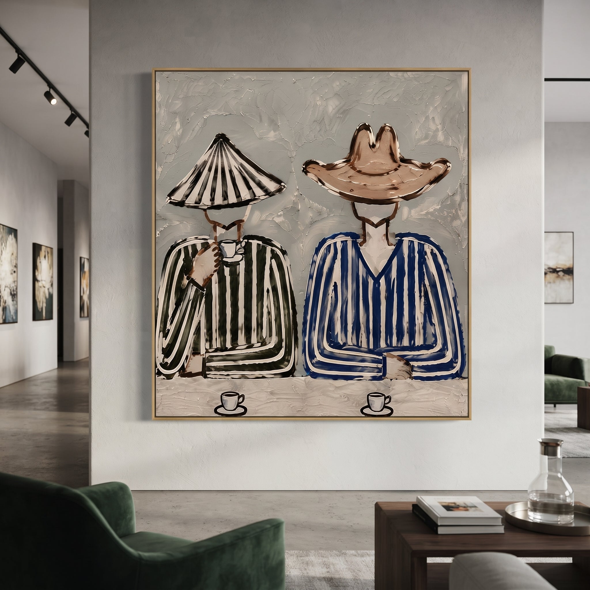 Two Cups Hold Stripes - striped cowboy coffee painting by Savannah Reed, modern folk art vertical wall art – styled room scene view 2