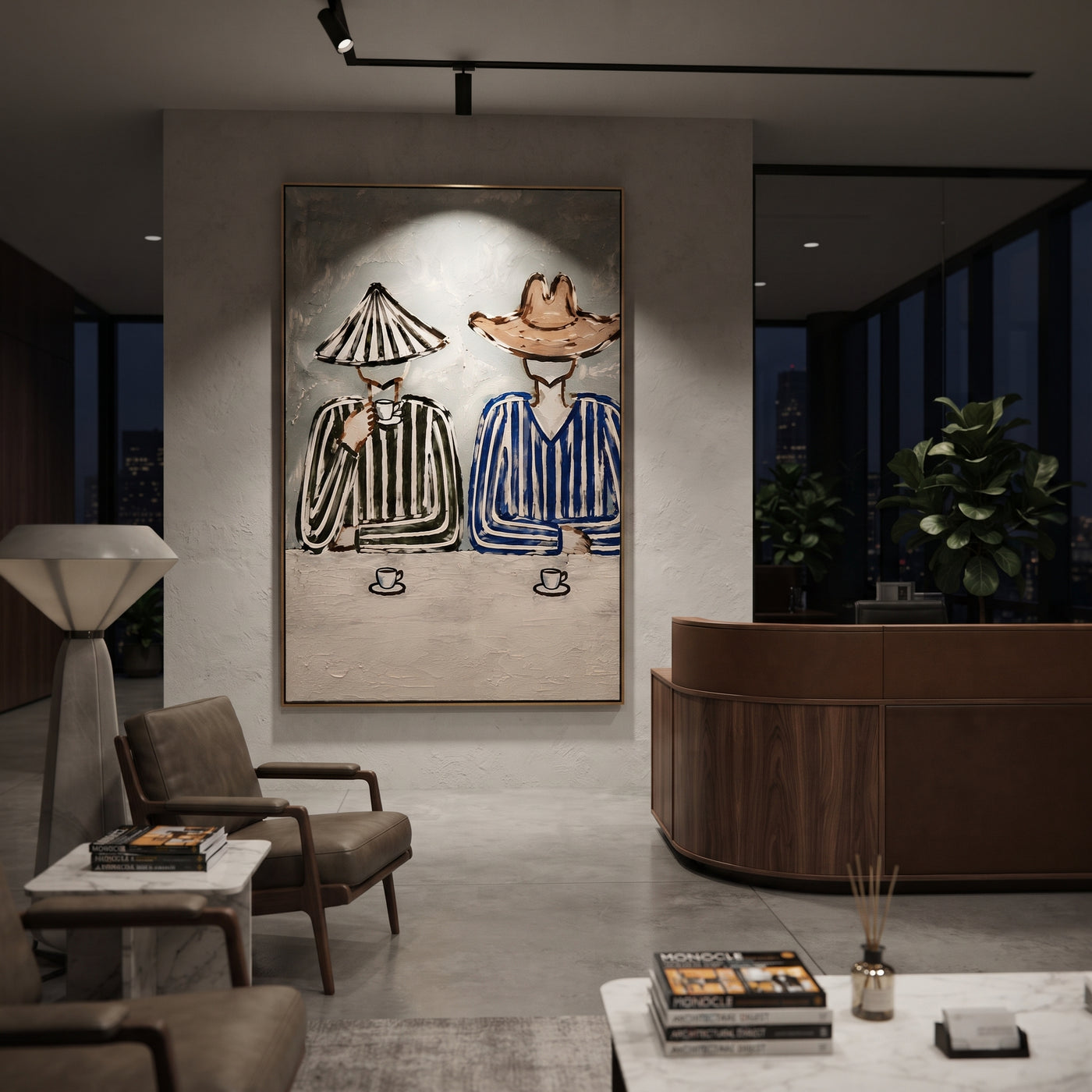 Two Cups Hold Stripes - striped cowboy coffee painting by Savannah Reed, modern folk art vertical wall art – styled room scene view 3