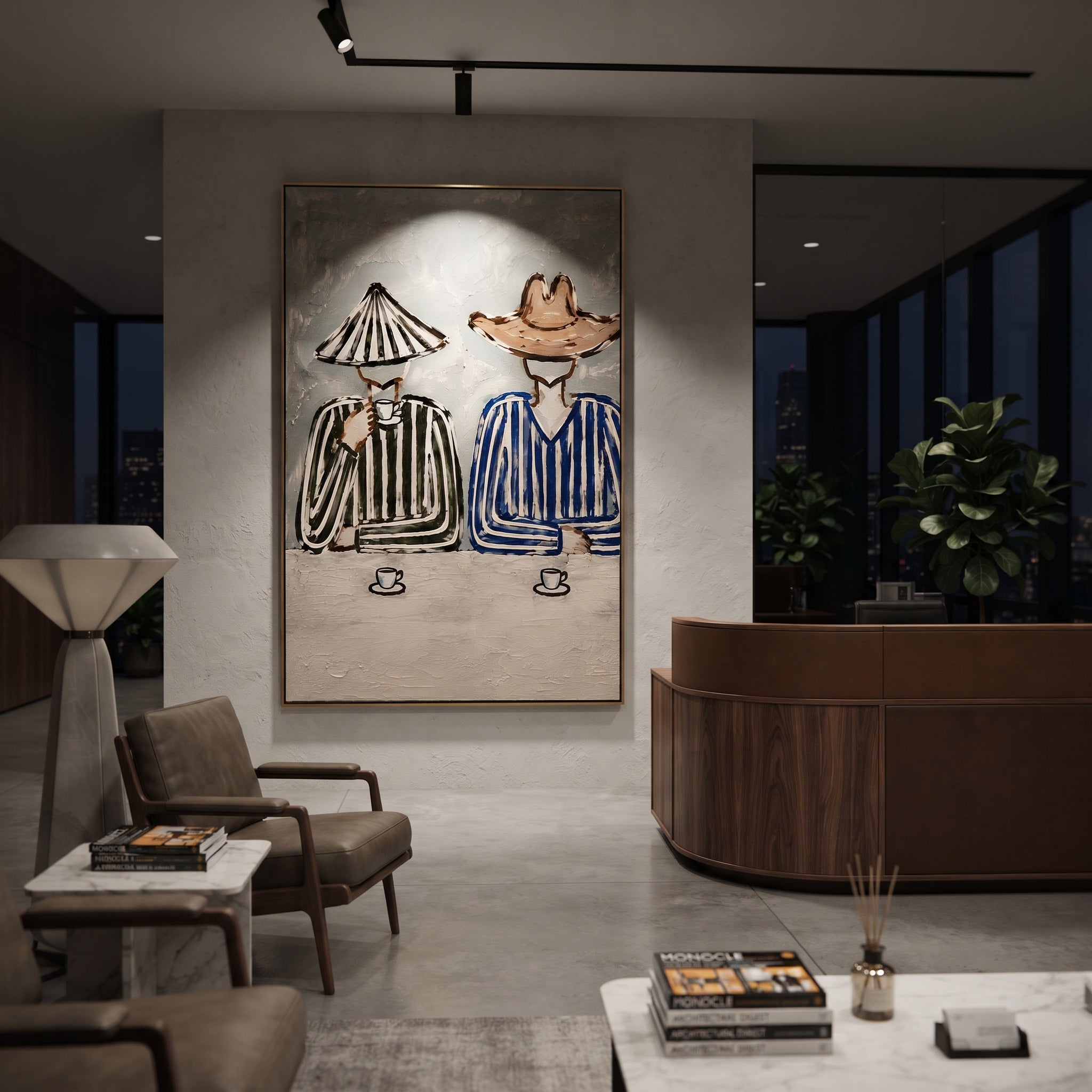 Two Cups Hold Stripes - striped cowboy coffee painting by Savannah Reed, modern folk art vertical wall art – styled room scene view 3