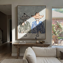 Two Cups Hold Stripes - striped cowboy coffee painting by Savannah Reed, modern folk art vertical wall art – styled room scene view 4