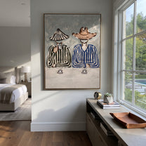 Two Cups Hold Stripes - striped cowboy coffee painting by Savannah Reed, modern folk art vertical wall art – styled room scene view 5