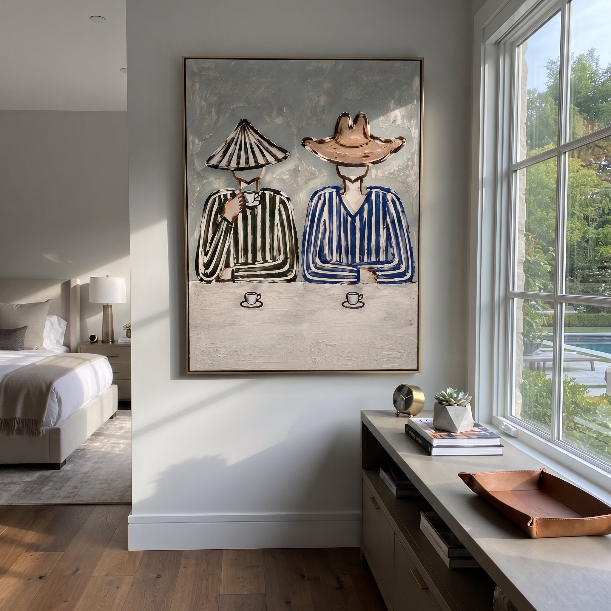 Two Cups Hold Stripes - striped cowboy coffee painting by Savannah Reed, modern folk art vertical wall art – styled room scene view 5
