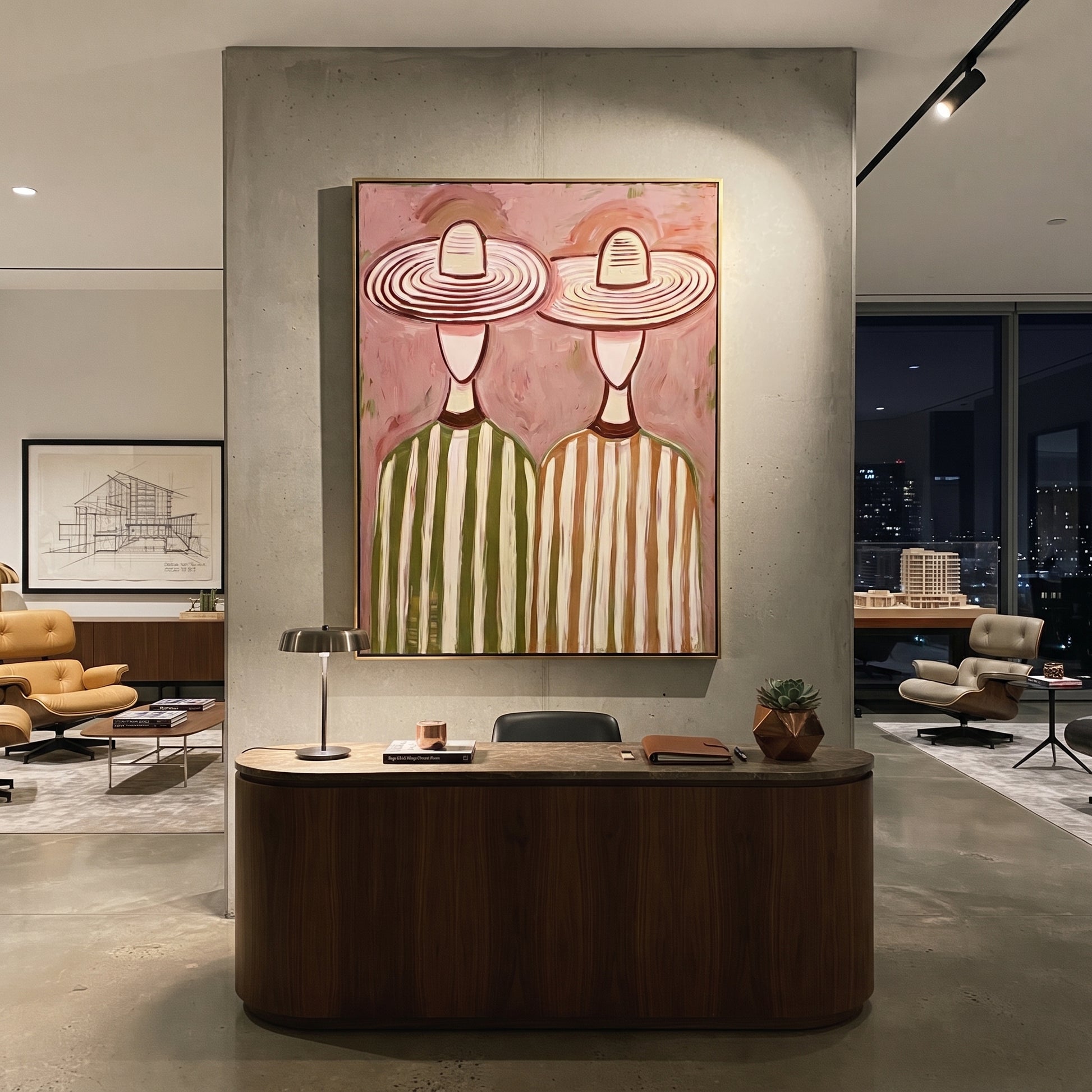 Striped Hats Fill Blush - oversized hat figure painting by Savannah Reed, modern folk art vertical wall art – styled room scene view 1