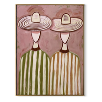 Striped Hats Fill Blush - oversized hat figure painting by Savannah Reed, modern folk art vertical wall art – wood frame on white background