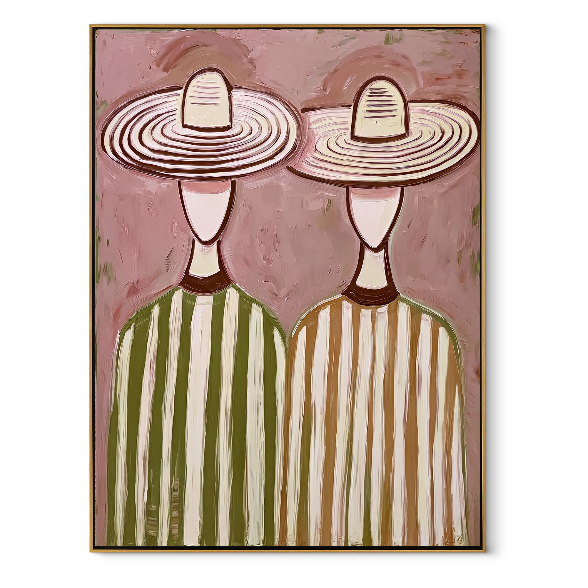 Striped Hats Fill Blush - oversized hat figure painting by Savannah Reed, modern folk art vertical wall art – wood frame on white background