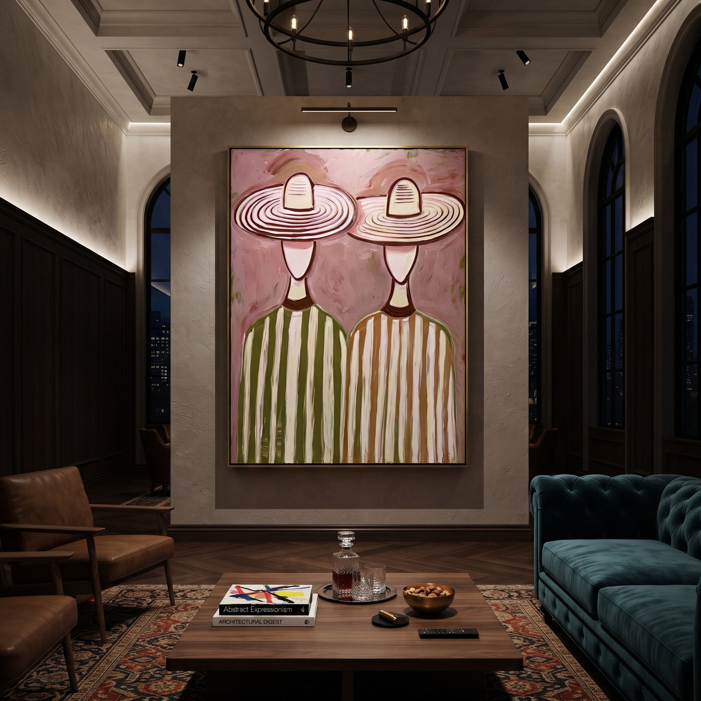 Striped Hats Fill Blush - oversized hat figure painting by Savannah Reed, modern folk art vertical wall art – styled room scene view 2