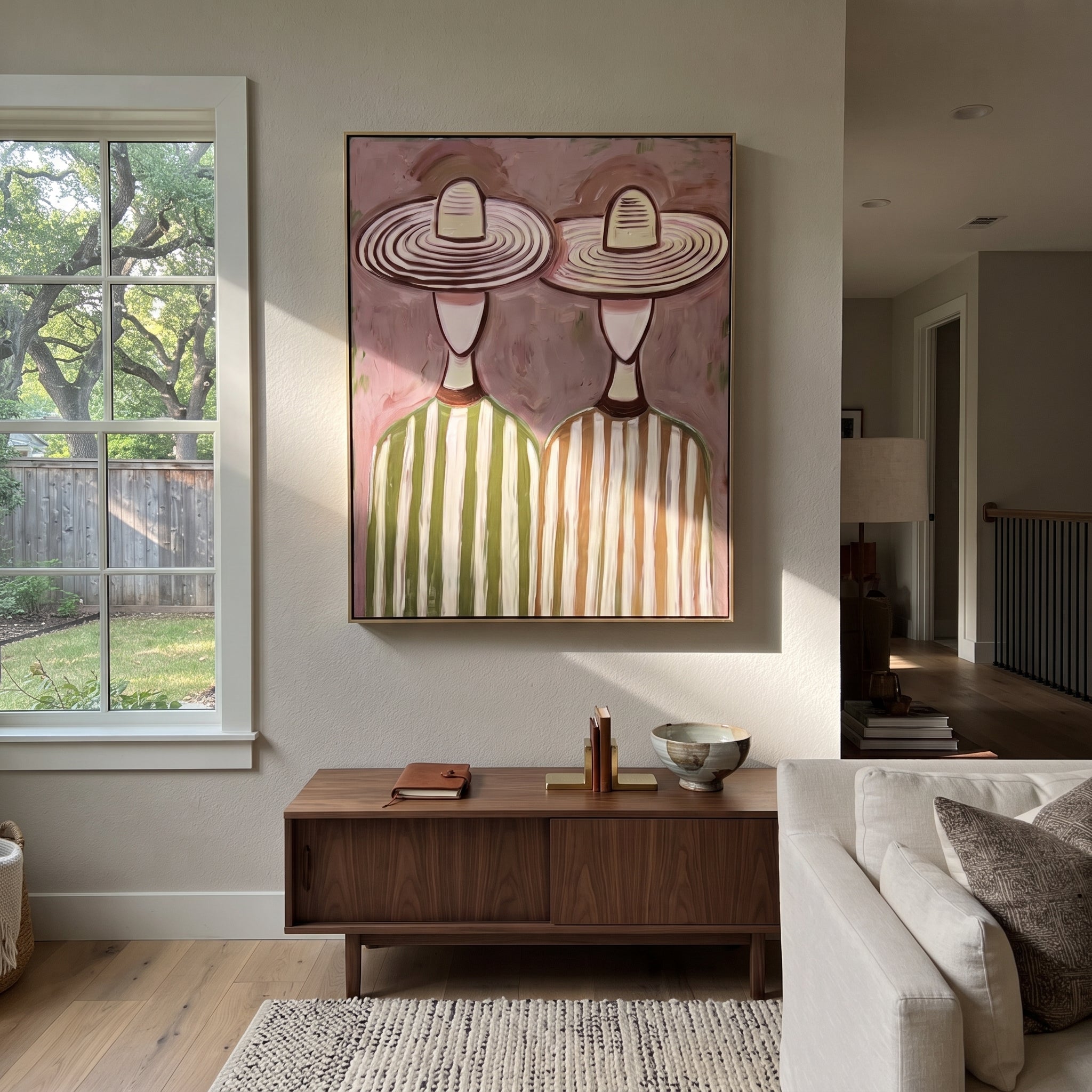 Striped Hats Fill Blush - oversized hat figure painting by Savannah Reed, modern folk art vertical wall art – styled room scene view 3