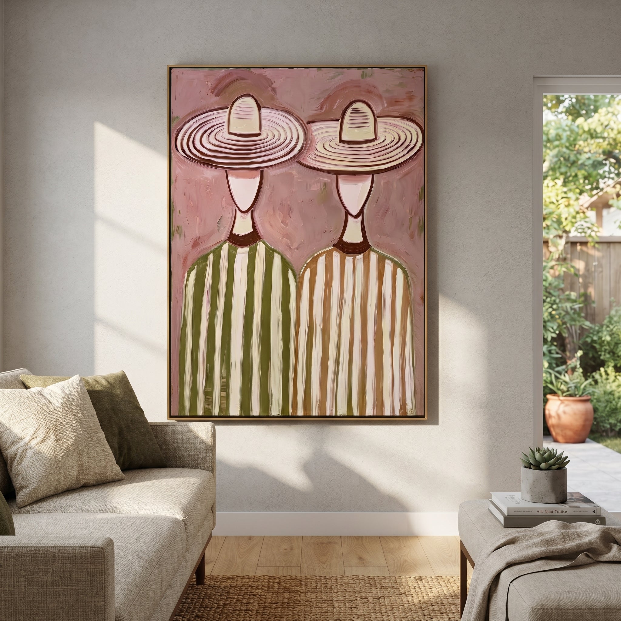 Striped Hats Fill Blush - oversized hat figure painting by Savannah Reed, modern folk art vertical wall art – styled room scene view 4