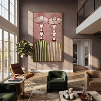 Striped Hats Fill Blush - oversized hat figure painting by Savannah Reed, modern folk art vertical wall art – styled room scene view 5