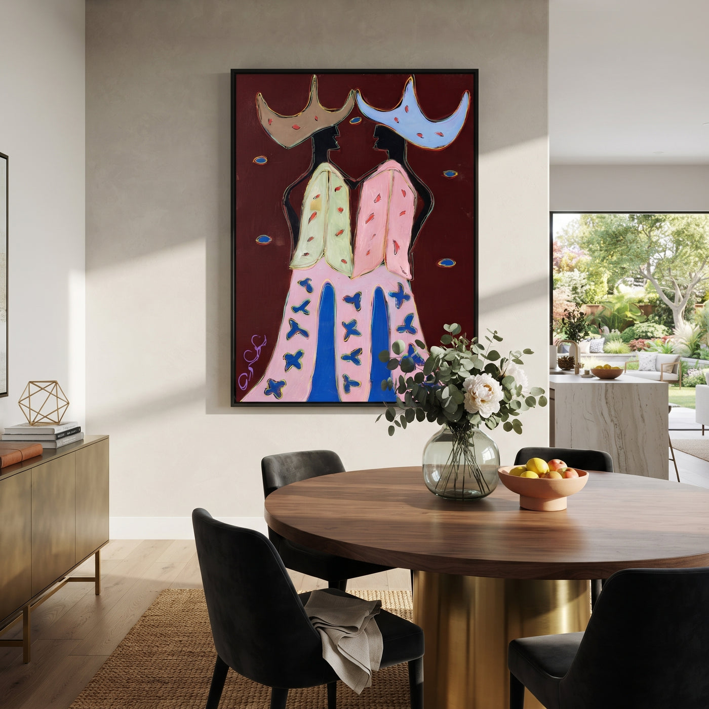 Wide Hats Trade Glances - bird trouser cowgirl painting by Savannah Reed, modern folk art vertical wall art – styled room scene view 1