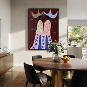Wide Hats Trade Glances - bird trouser cowgirl painting by Savannah Reed, modern folk art vertical wall art – styled room scene view 1