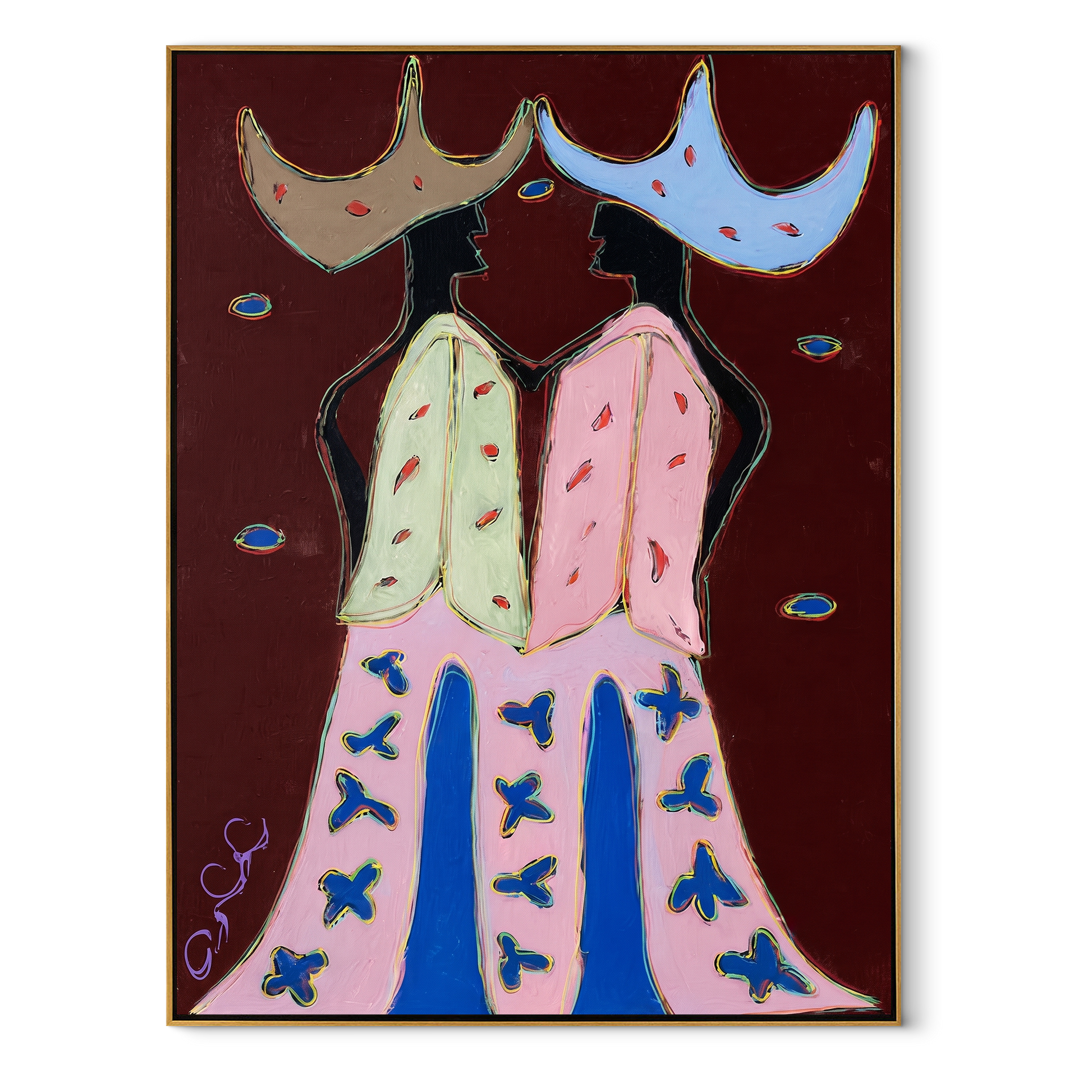 Wide Hats Trade Glances - bird trouser cowgirl painting by Savannah Reed, modern folk art vertical wall art – wood frame on white background