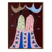 Wide Hats Trade Glances - bird trouser cowgirl painting by Savannah Reed, modern folk art vertical wall art – wood frame on white background