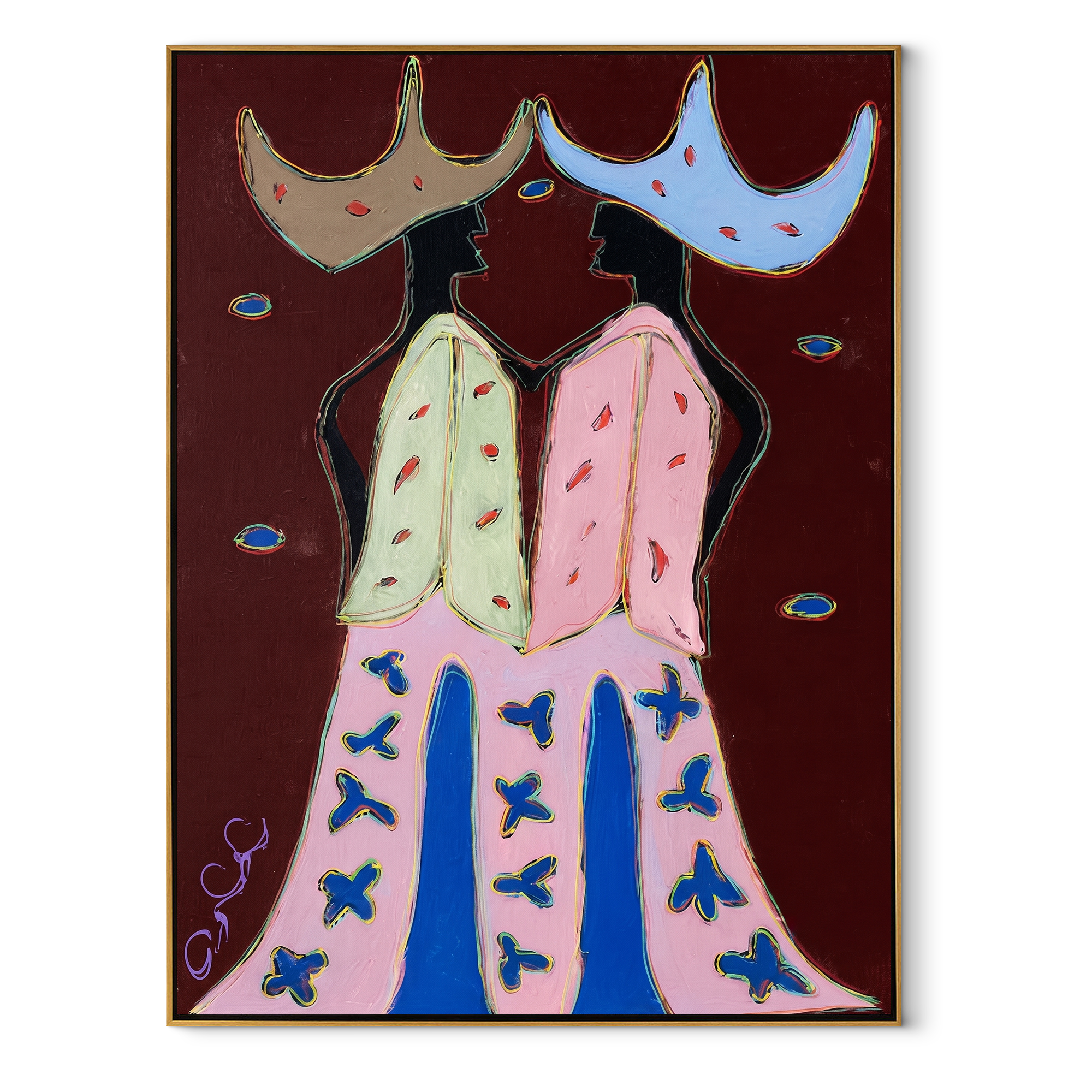 Wide Hats Trade Glances - bird trouser cowgirl painting by Savannah Reed, modern folk art vertical wall art – wood frame on white background