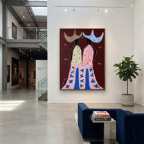 Wide Hats Trade Glances - bird trouser cowgirl painting by Savannah Reed, modern folk art vertical wall art – styled room scene view 2