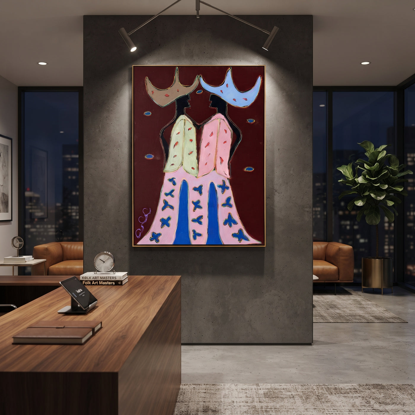 Wide Hats Trade Glances - bird trouser cowgirl painting by Savannah Reed, modern folk art vertical wall art – styled room scene view 3