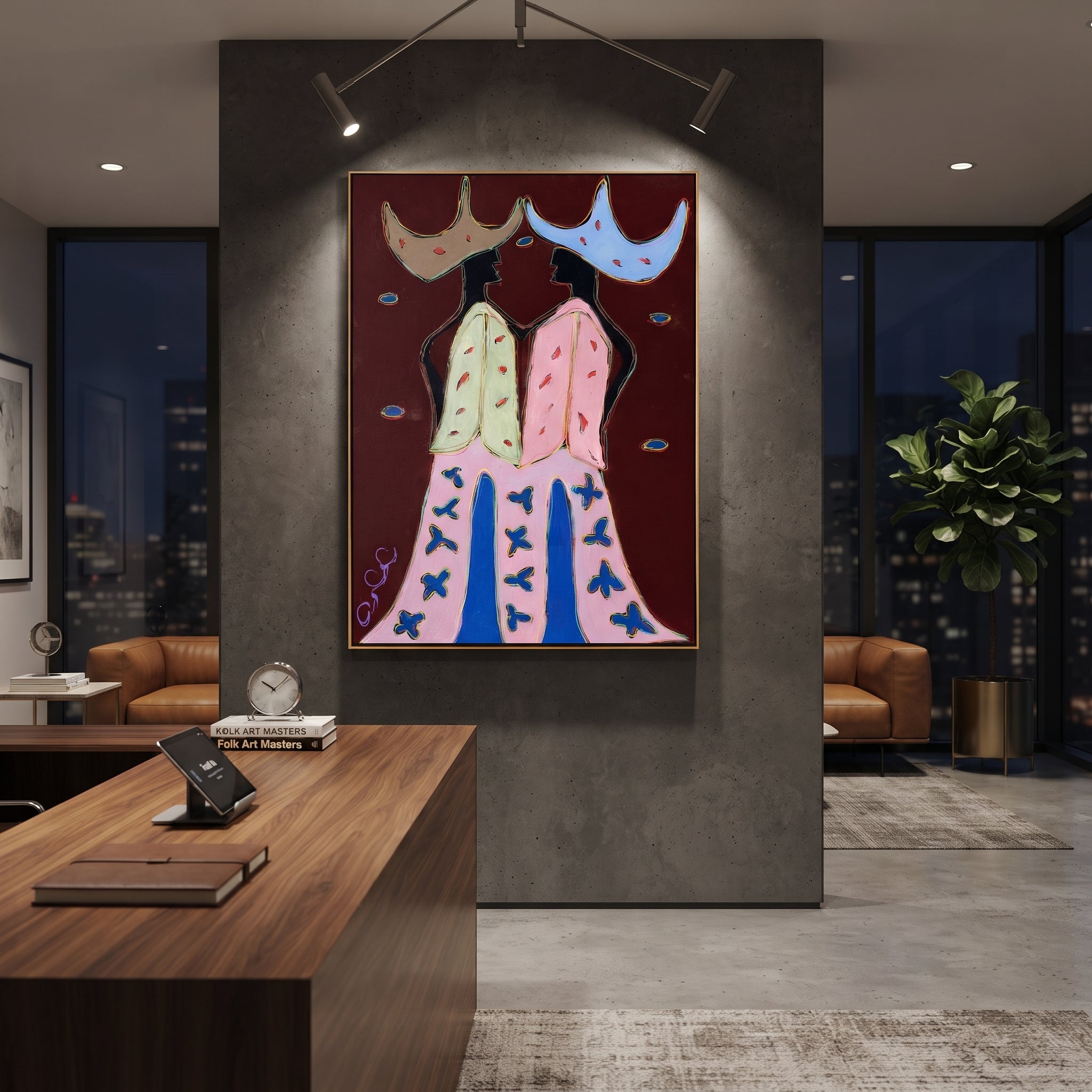 Wide Hats Trade Glances - bird trouser cowgirl painting by Savannah Reed, modern folk art vertical wall art – styled room scene view 3
