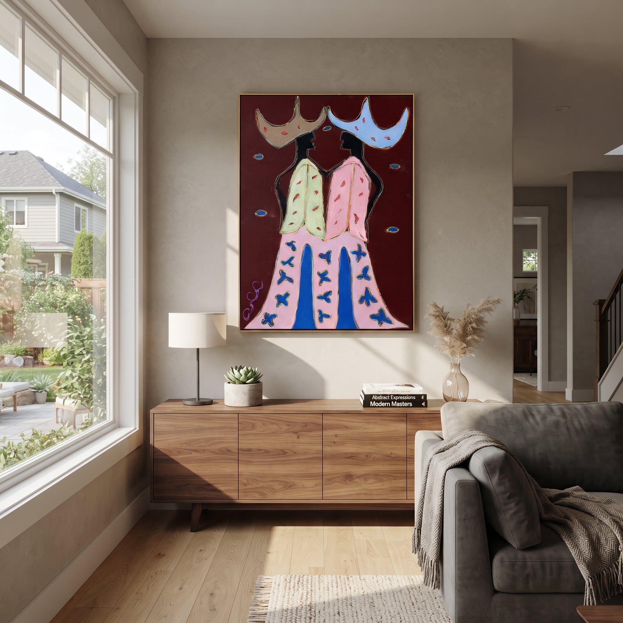 Wide Hats Trade Glances - bird trouser cowgirl painting by Savannah Reed, modern folk art vertical wall art – styled room scene view 4