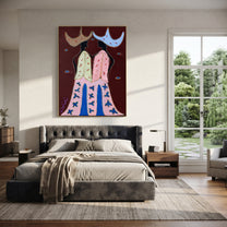 Wide Hats Trade Glances - bird trouser cowgirl painting by Savannah Reed, modern folk art vertical wall art – styled room scene view 5