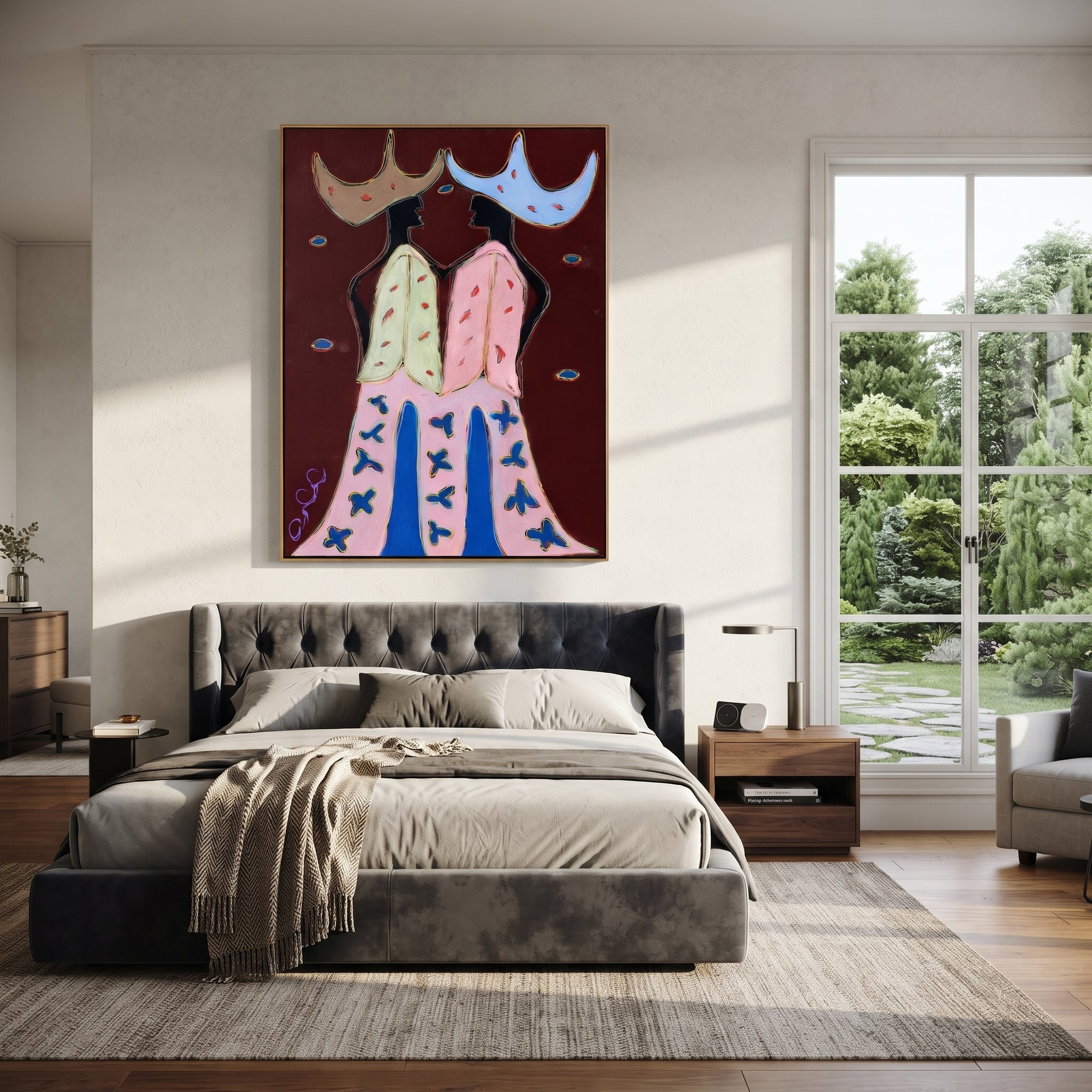 Wide Hats Trade Glances - bird trouser cowgirl painting by Savannah Reed, modern folk art vertical wall art – styled room scene view 5