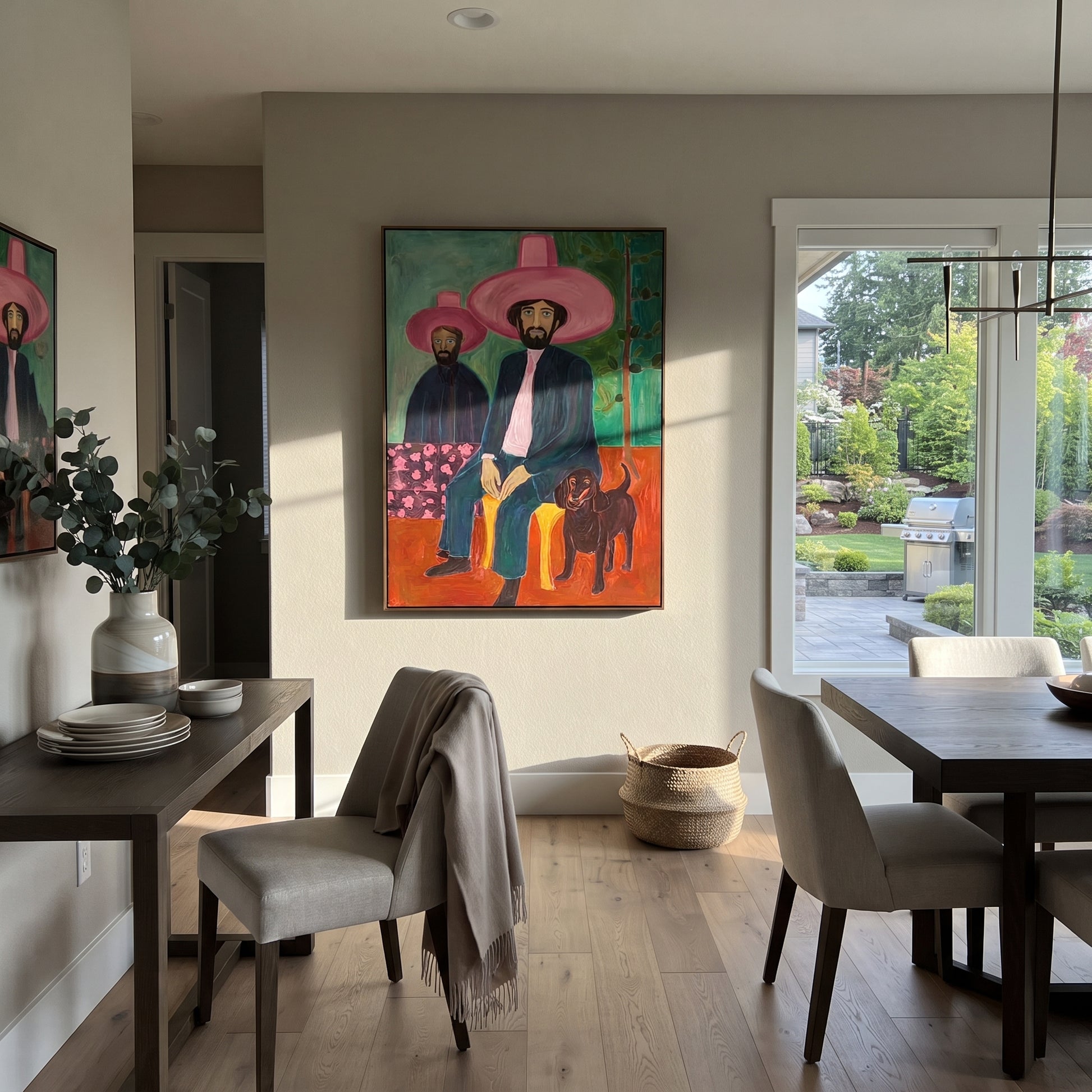 Black Dog Guards Pink - cowboy dog portrait painting by Savannah Reed, modern folk art vertical wall art – styled room scene view 1