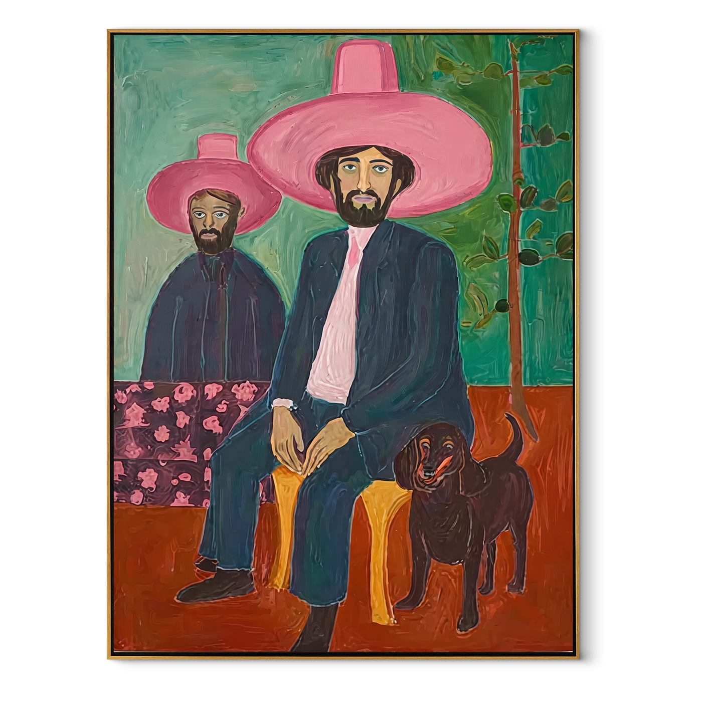 Black Dog Guards Pink - cowboy dog portrait painting by Savannah Reed, modern folk art vertical wall art – wood frame on white background