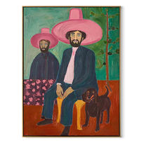 Black Dog Guards Pink - cowboy dog portrait painting by Savannah Reed, modern folk art vertical wall art – wood frame on white background