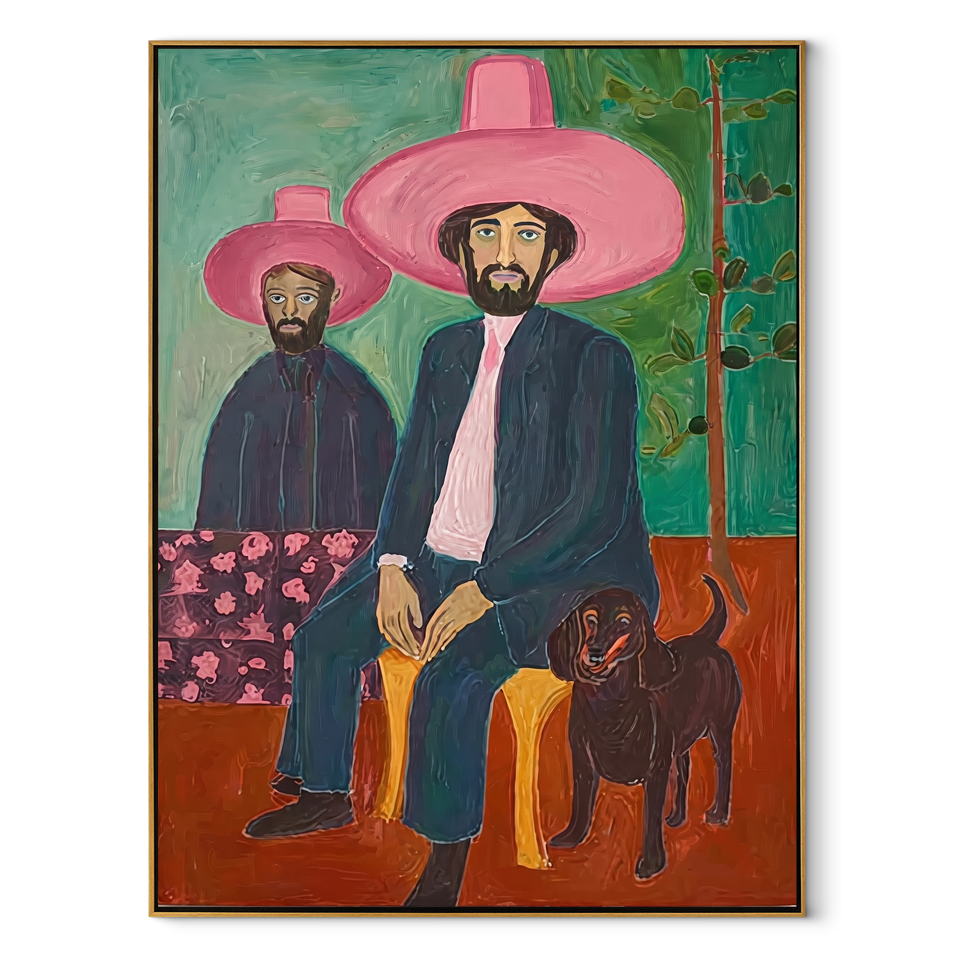 Black Dog Guards Pink - cowboy dog portrait painting by Savannah Reed, modern folk art vertical wall art – wood frame on white background