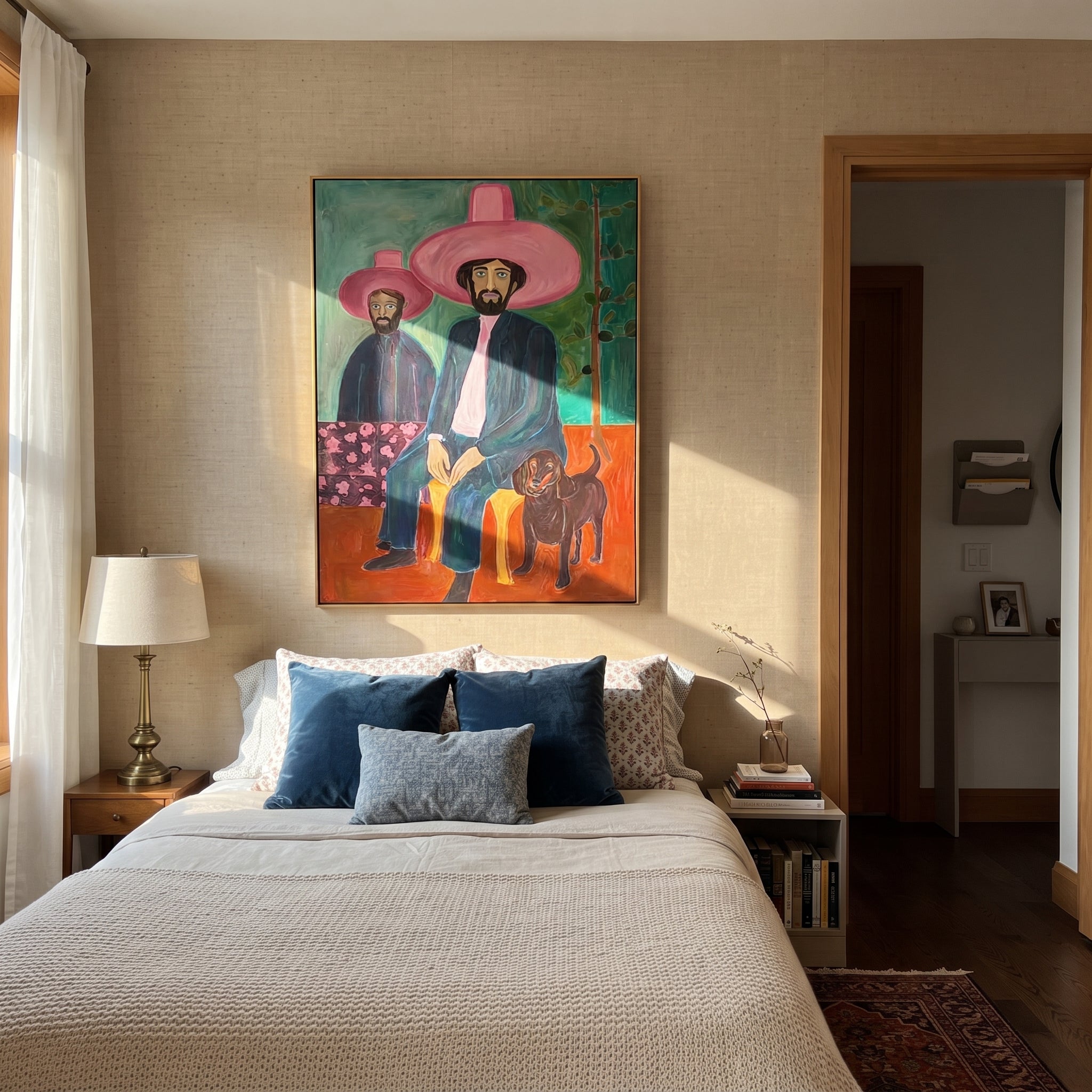 Black Dog Guards Pink - cowboy dog portrait painting by Savannah Reed, modern folk art vertical wall art – styled room scene view 2
