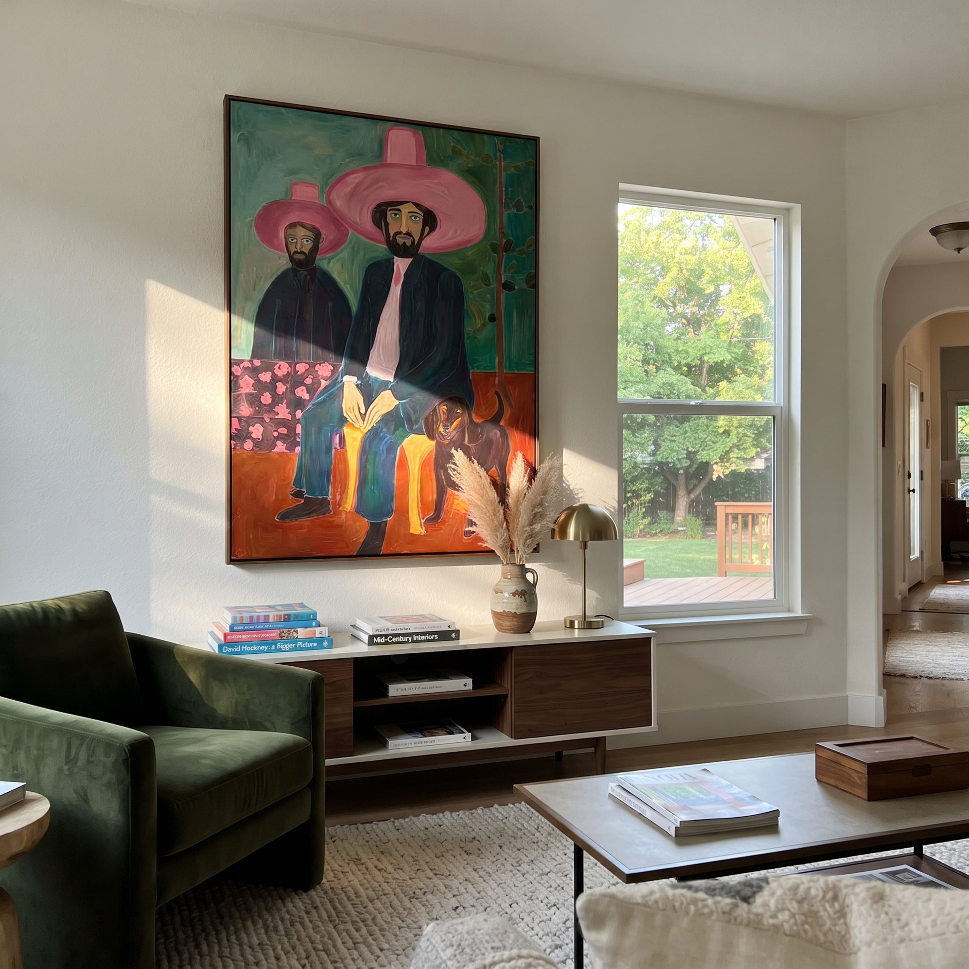 Black Dog Guards Pink - cowboy dog portrait painting by Savannah Reed, modern folk art vertical wall art – styled room scene view 3