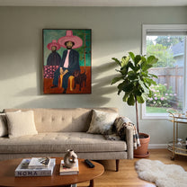 Black Dog Guards Pink - cowboy dog portrait painting by Savannah Reed, modern folk art vertical wall art – styled room scene view 4